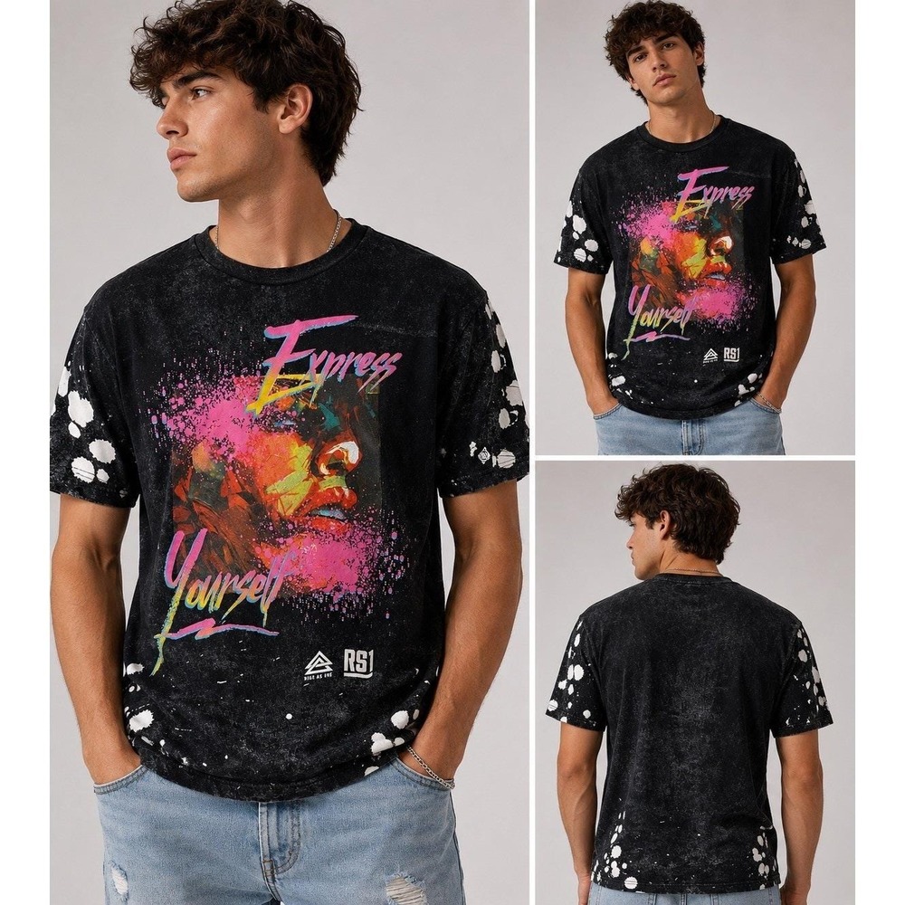 Rise as 1ne Men's Nelson Mandela T Shirt Size SMALL Black with Splatter Design